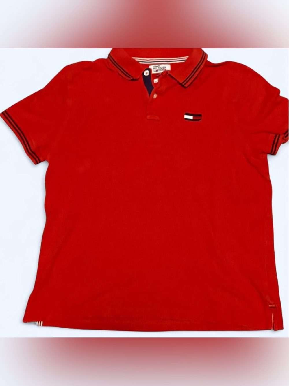 Tommy Hilfiger red polo shirt with navy and white trim size M preppy classic